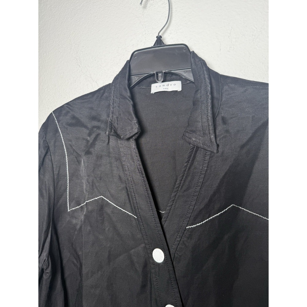 Sandro Paris Kunga Women's‎ Black Snap Front Viscose Linen Dress Size 40/LG - Picture 4 of 13